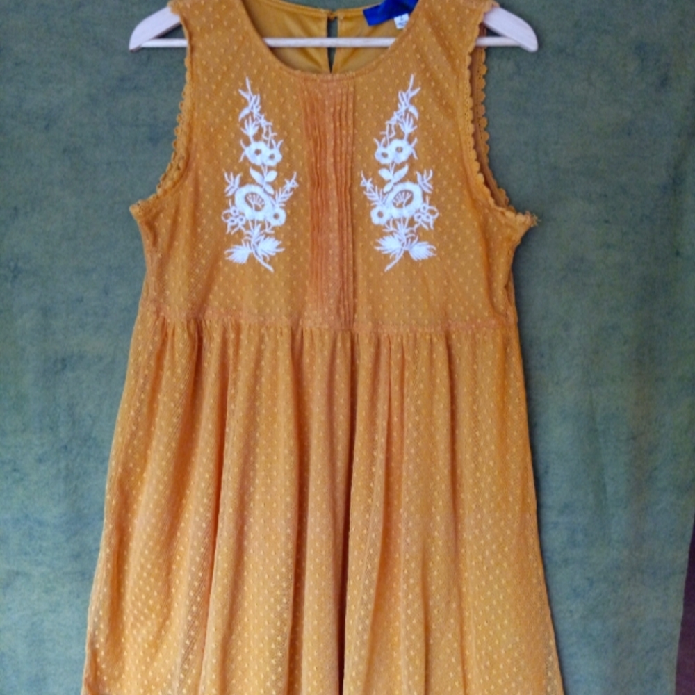 Blue Rain Embroidered Mustard Babydoll Dress Large